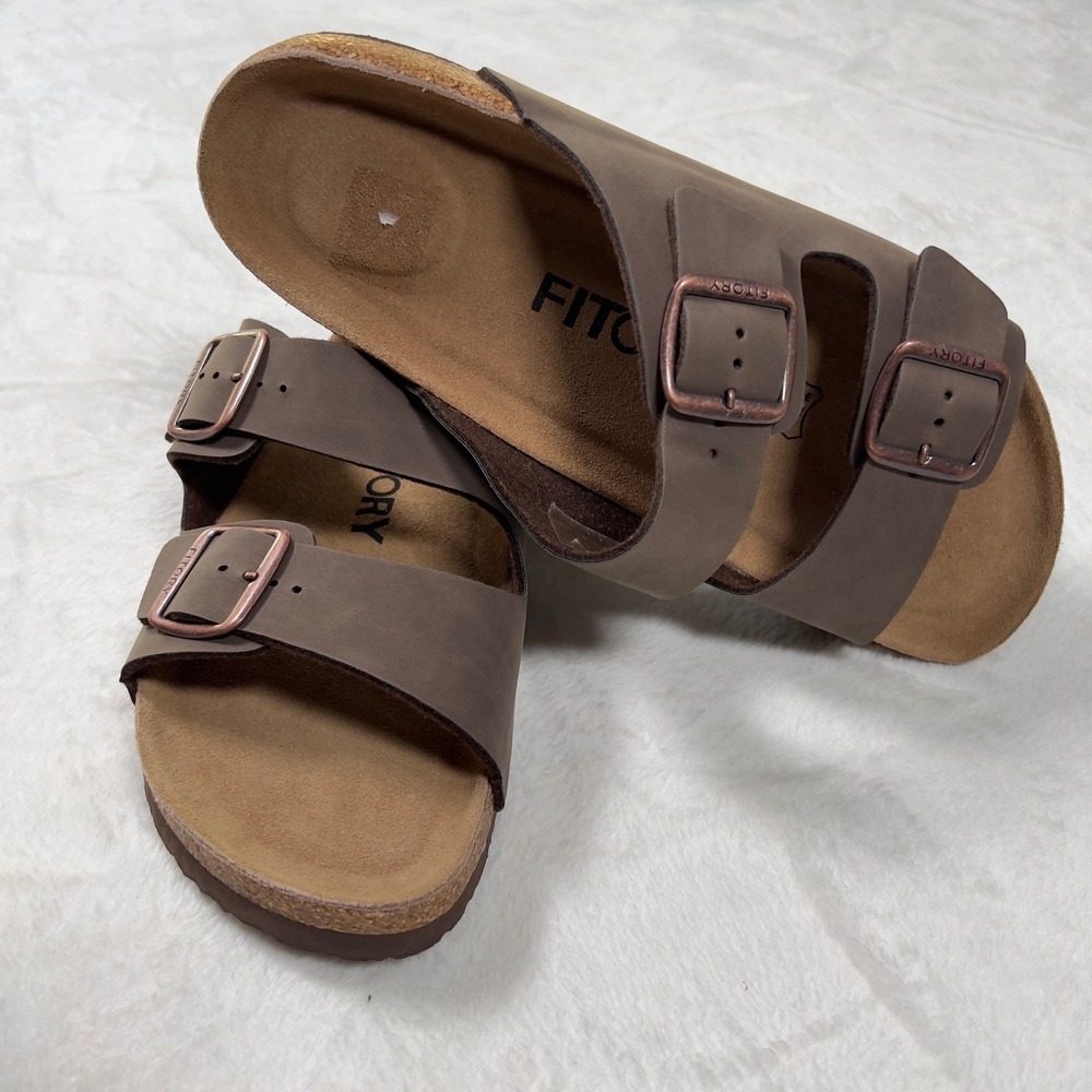 FITORY Mens Flat Sandals Brown Two‎ Strap Buckle Cork Footbed Slide Shoes US 10